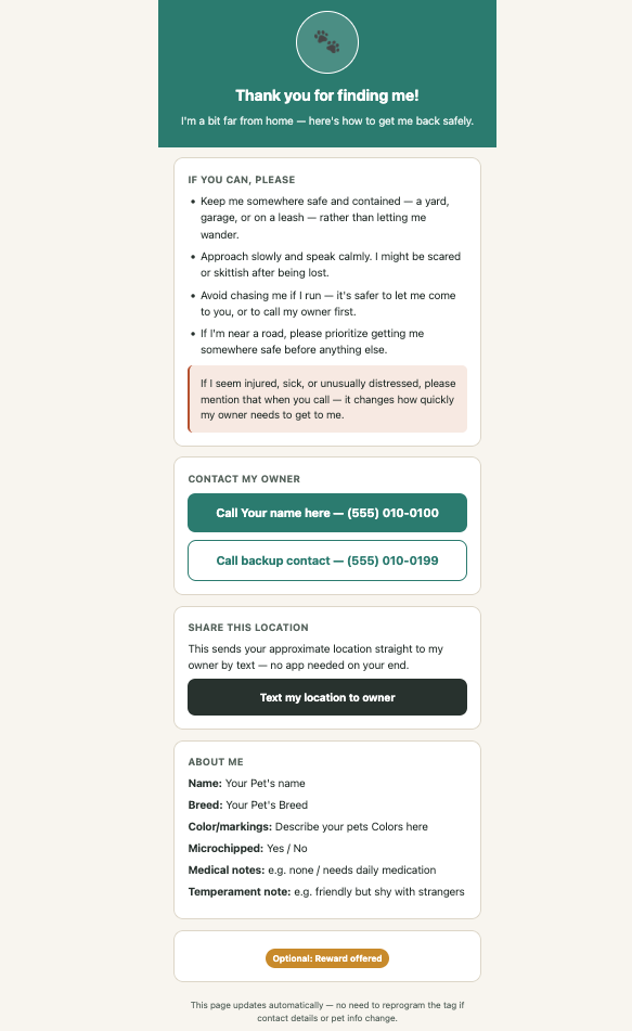 A digital template for a pet owner's safety and contact page, displayed as a multi-step form with teal headers, black text, and white boxes on a light gray background.