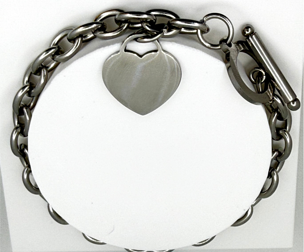 Heart Tag Bracelet | Chain Link Toggle Bracelet | Stainless Steel Heart Charm Bracelet, Gold or Silver