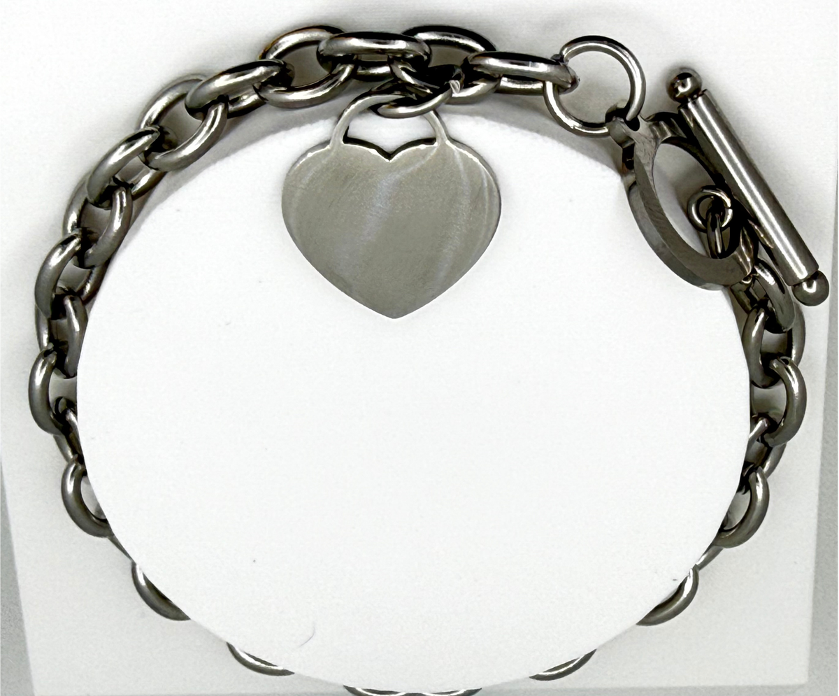 Heart Tag Bracelet | Chain Link Toggle Bracelet | Stainless Steel Heart Charm Bracelet, Gold or Silver
