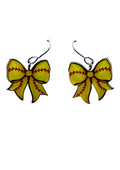 A pair of dangling bow earrings designed like softball bows, featuring a bright yellow face with red seam lines and black outlines, hanging from silver fishhook wires on a white background.