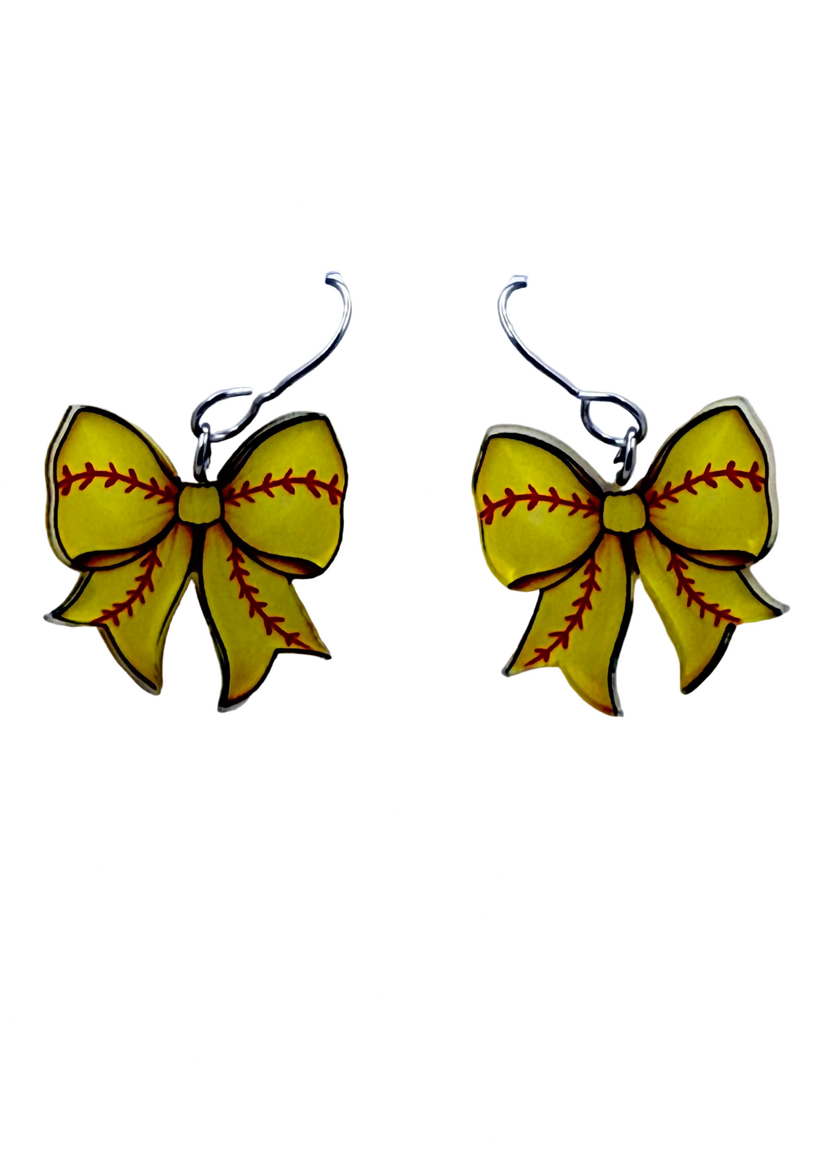 A pair of dangling bow earrings designed like softball bows, featuring a bright yellow face with red seam lines and black outlines, hanging from silver fishhook wires on a white background.