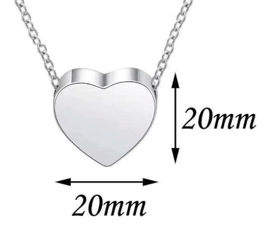 Silver heart-shaped pendant necklace on a chain, shown with black dimension arrows and text indicating a 20mm width and 20mm height on a white background.
