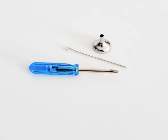 A small lock pick set consisting of a blue-handled flathead screwdriver, a tension wrench, and a tension wheel, displayed on a clean white background.