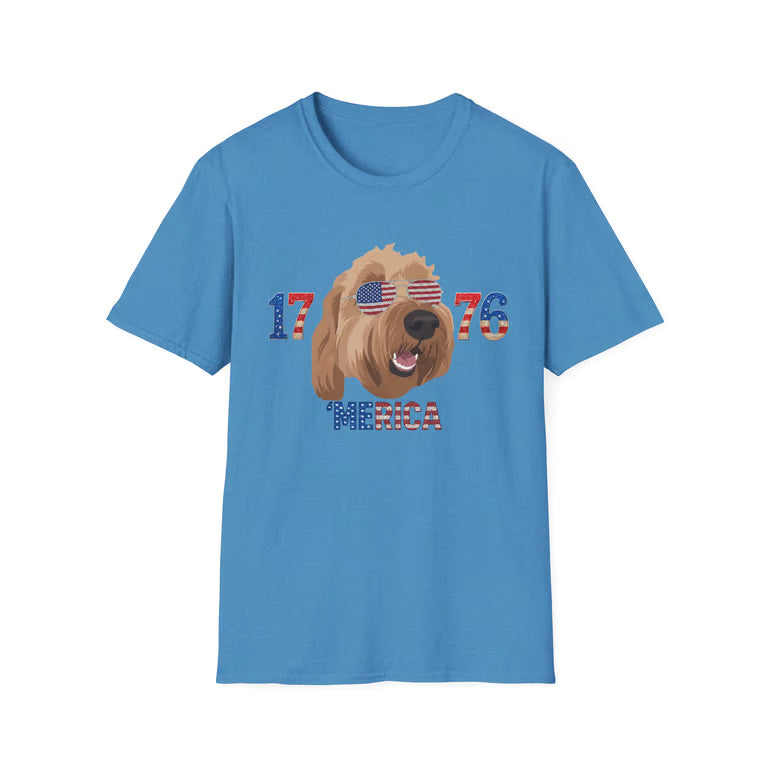 ● Patriotic Goldendoodle shirt featuring USA flag sunglasses and vintage American typography
● Funny 1776 doodle dog graphic tee with red white and blue patriotic design
● Cute Goldendoodle wearing American flag sunglasses on casual summer t-shirt
● Patriotic dog mom shirt inspired by Fourth of July celebrations and doodle lovers
Stylish American-themed doodle apparel with playful patriotic artwork
