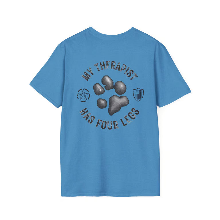 Patriotic Dog Lover Shirt | My Therapist Has Four Legs Tee | Distressed American Flag Paw Print Apparel | blk