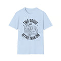 A light blue short-sleeve crewneck t-shirt with a black graphic print on the front showing two doodle dogs and the text 'TWO DOODS ARE BETTER THAN ONE'.