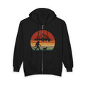 Charcoal gray full-zip hoodie with retro sunset graphic of Bigfoot walking a dog on a leash, mountain and forest silhouette design