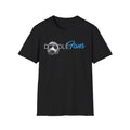 A black short-sleeve crewneck t-shirt featuring a graphic on the chest with the text 'Doodle Fans' in white and light blue, alongside a grayscale illustration of a fluffy dog.