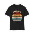 A black short-sleeve crewneck t-shirt featuring a retro-style distressed graphic of two dogs in front of a sunset, with the text 'ONE DOOD IS NEVER ENOUGH' in beige.