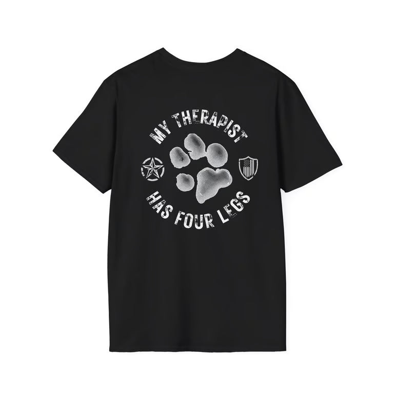 Patriotic Dog Lover Shirt | My Therapist Has Four Legs Tee | Distressed American Flag Paw Print Apparel | white text