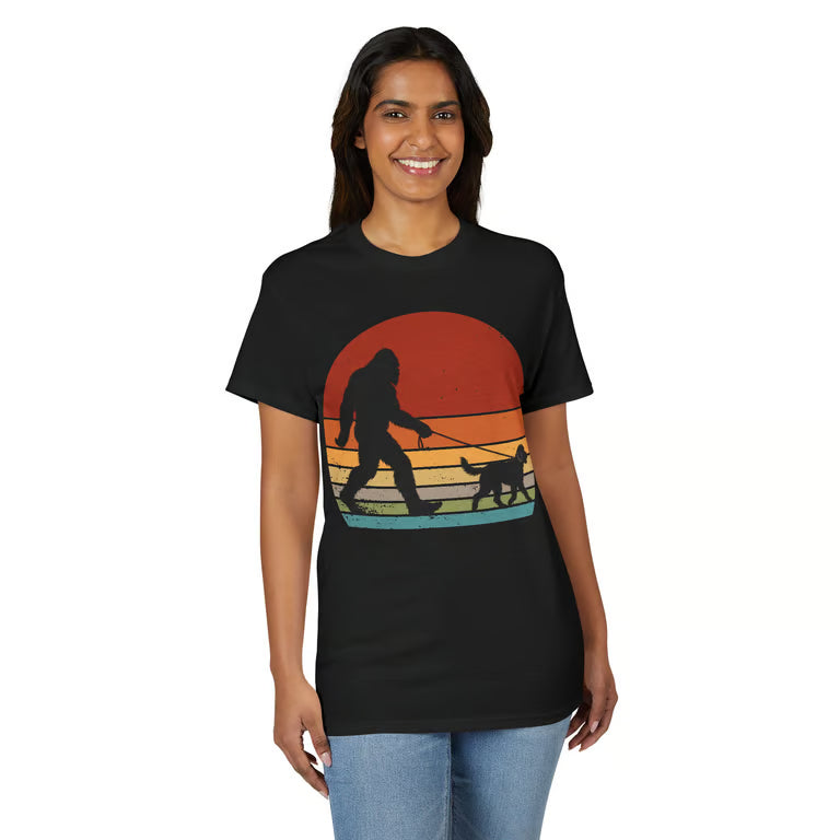 Funny Bigfoot Dog Walker Shirt | Sasquatch Retro Sunset Tee | Vintage Cryptid Lover Apparel