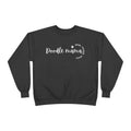 A dark charcoal gray crewneck sweatshirt with a white graphic print on the chest that reads 'Doodle mama' with 'Mom Favourite Woof' in a circular design around a small paw print.