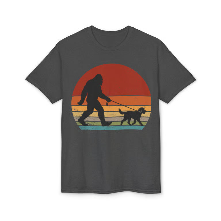 Funny Bigfoot Dog Walker Shirt | Sasquatch Retro Sunset Tee | Vintage Cryptid Lover Apparel