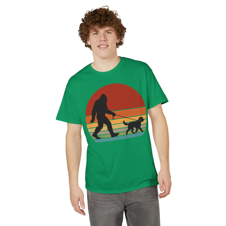 Funny Bigfoot Dog Walker Shirt | Sasquatch Retro Sunset Tee | Vintage Cryptid Lover Apparel