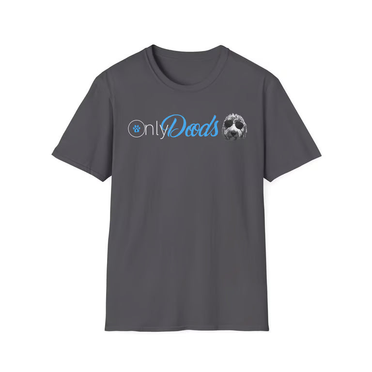 Dark Grey t-shirt with a parody Onlydoods logo in white and blue text
