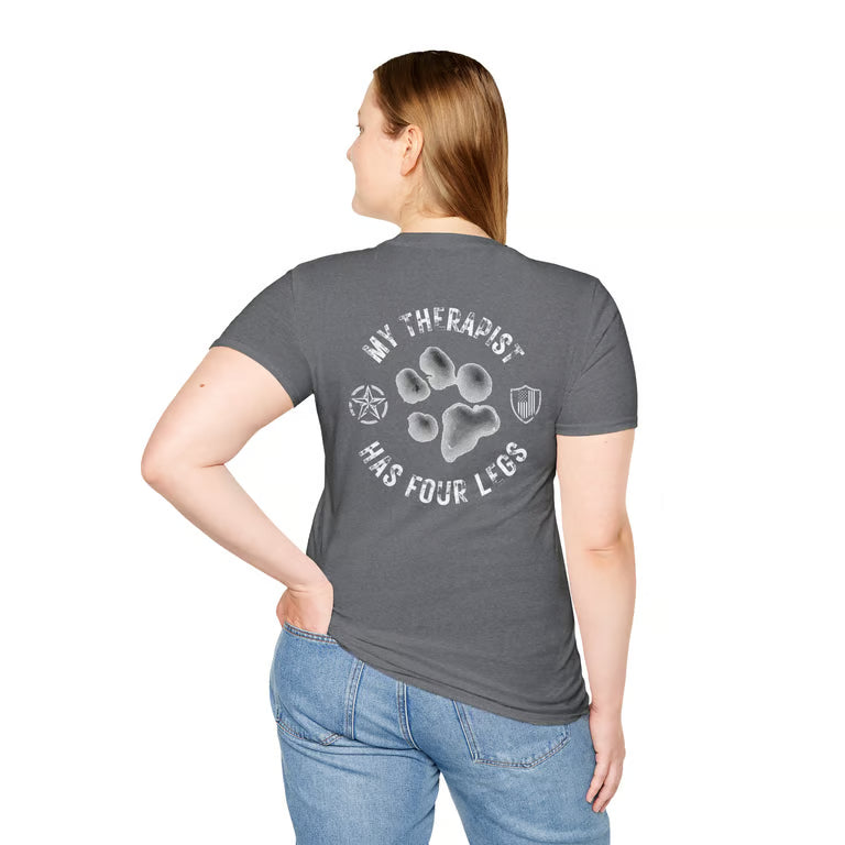 Patriotic Dog Lover Shirt | My Therapist Has Four Legs Tee | Distressed American Flag Paw Print Apparel | white text