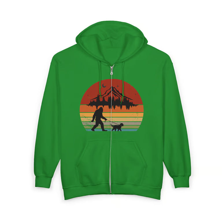 Bigfoot Walking Dog Zip Hoodie | Retro Sunset Design