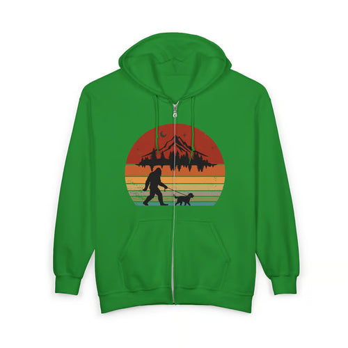 Bigfoot Walking Dog Zip Hoodie | Retro Sunset Design