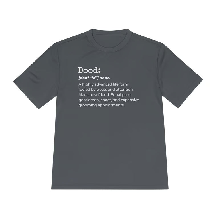 A dark gray short-sleeve t-shirt with a white printed dictionary-style definition of the word 'Dood:' on the chest, shown against a plain white background.