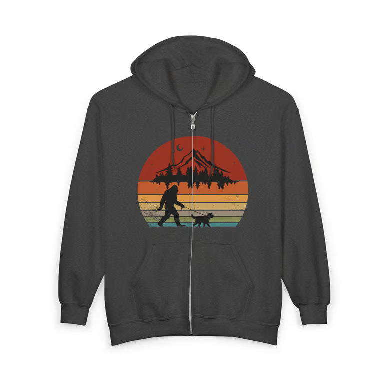 Bigfoot Walking Dog Zip Hoodie | Retro Sunset Design