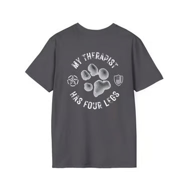 Patriotic Dog Lover Shirt | My Therapist Has Four Legs Tee | Distressed American Flag Paw Print Apparel | white text