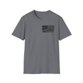 A heather gray short-sleeve crewneck t-shirt featuring a distressed black American flag graphic printed on the left chest, displayed against a solid white background.