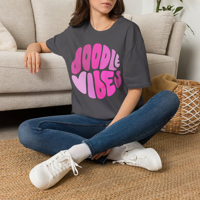Doodle Vibes Retro Pink Bubble Graphic Tee | Groovy Pink Bubble Letter Shirt | Doodle Vibes Vintage Aesthetic Shirt