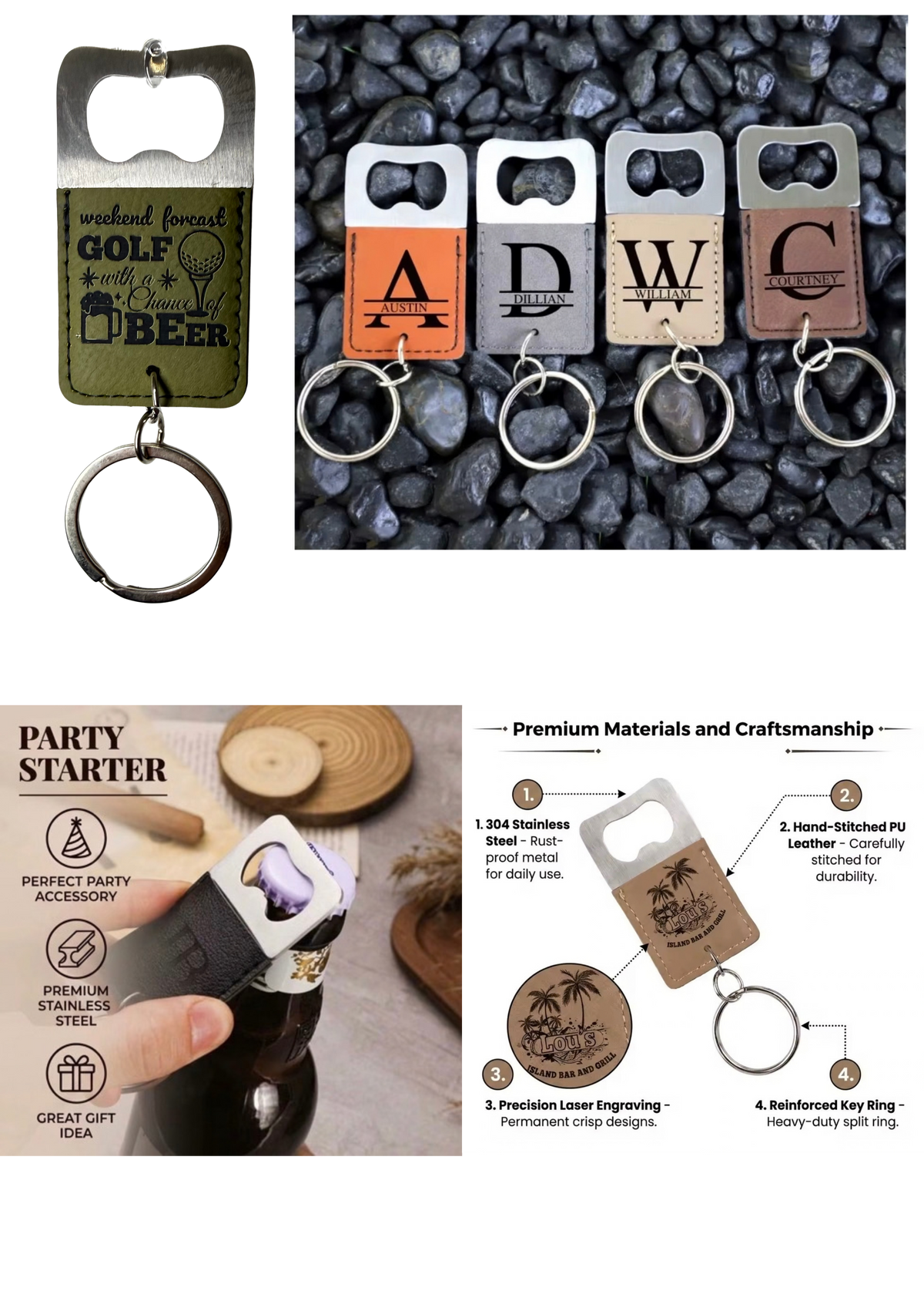 Personalized Leatherette Bottle Opener Keychain, Custom Engraved Gift for Him or Her