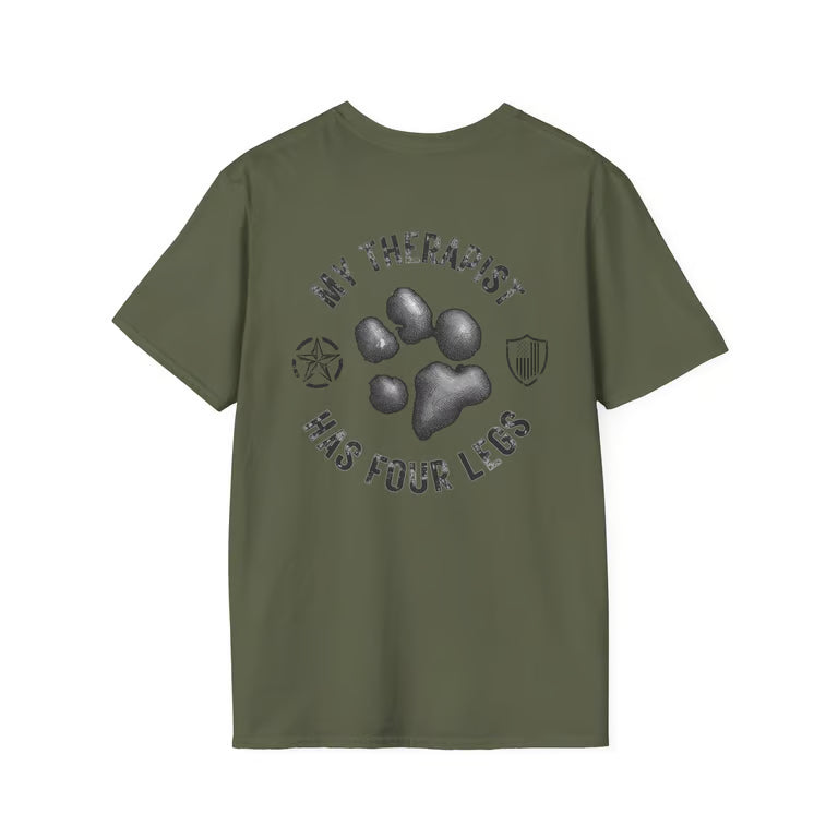 Patriotic Dog Lover Shirt | My Therapist Has Four Legs Tee | Distressed American Flag Paw Print Apparel | blk