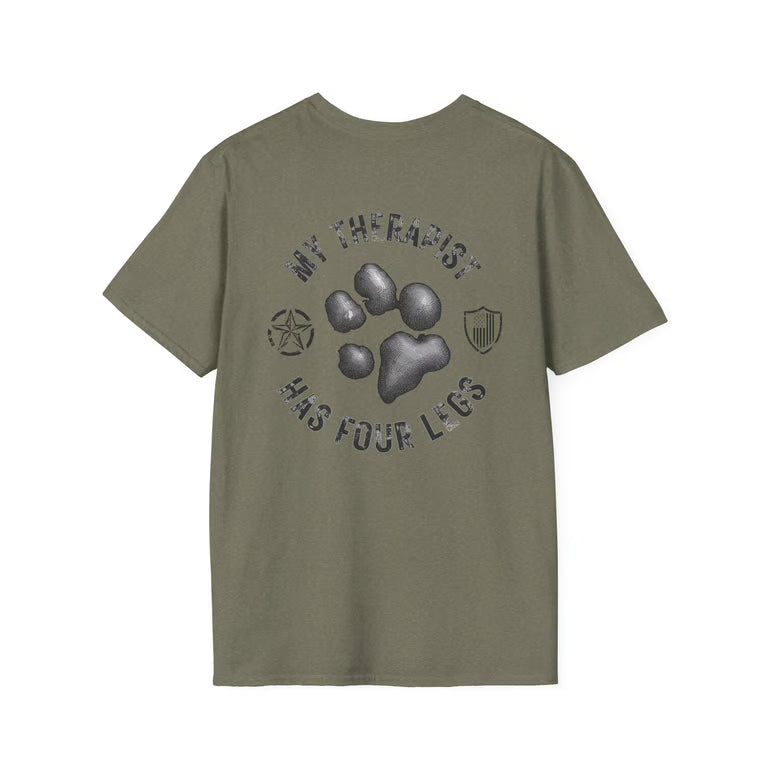 Patriotic Dog Lover Shirt | My Therapist Has Four Legs Tee | Distressed American Flag Paw Print Apparel | blk