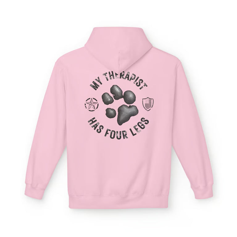 My Therapist Has Four Legs Hoodie — Front & Back Military Dog Pullover | Veteran Dog Lover Gift, Patriotic Dog Dad Hoodie | Army Dog Mom Gift Hoodie