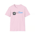 A light pink short-sleeve crewneck t-shirt featuring a graphic on the chest with the text 'Doodle Fans' in black and blue, alongside a black and white doodle dog illustration.