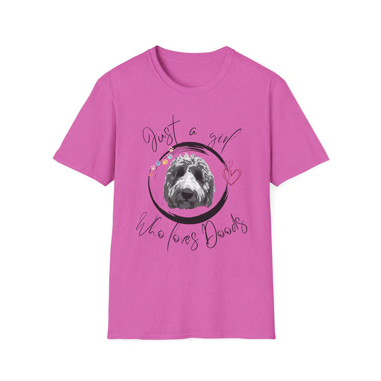 Pink t-shirt with a graphic of a dog and text on a white background