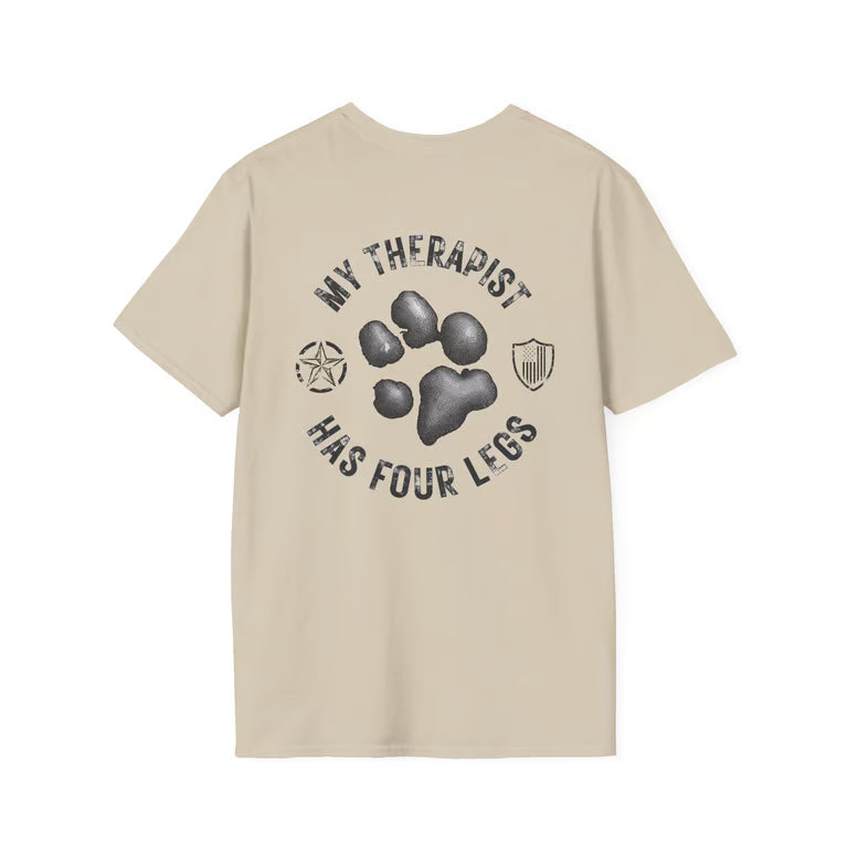 Patriotic Dog Lover Shirt | My Therapist Has Four Legs Tee | Distressed American Flag Paw Print Apparel | blk