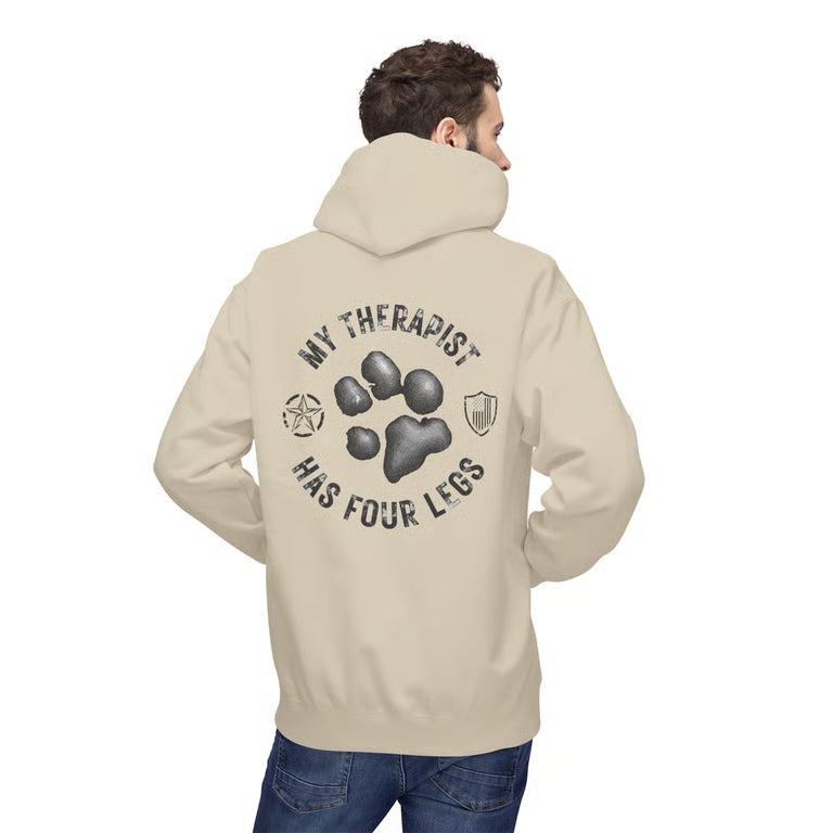 My Therapist Has Four Legs Hoodie — Front & Back Military Dog Pullover | Veteran Dog Lover Gift, Patriotic Dog Dad Hoodie | Army Dog Mom Gift Hoodie
