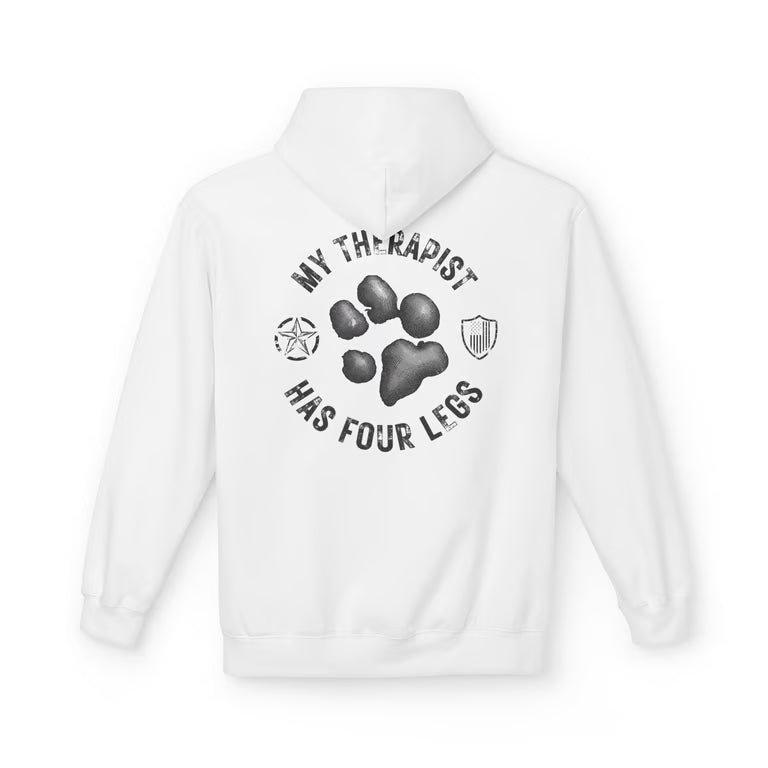 My Therapist Has Four Legs Hoodie — Front & Back Military Dog Pullover | Veteran Dog Lover Gift, Patriotic Dog Dad Hoodie | Army Dog Mom Gift Hoodie