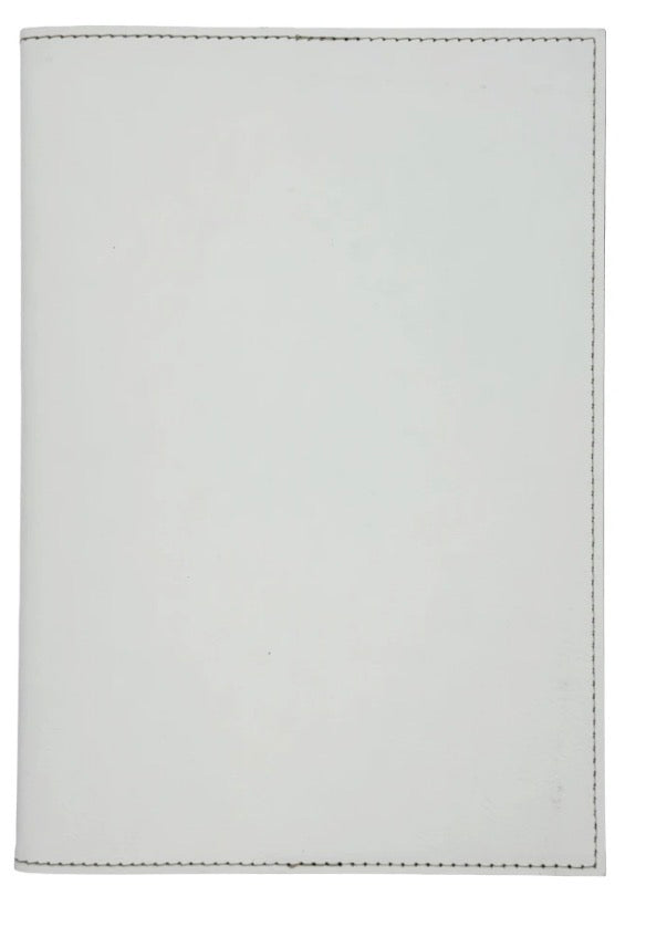 A minimalist white leather passport cover or notebook sleeve with clean, subtle stitching along the edges, shown flat against a white background.
