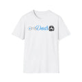A white short-sleeve crewneck t-shirt featuring a graphic on the chest that reads 'only Dads' in blue and gray, accompanied by a small gray dog illustration and a blue paw print icon.