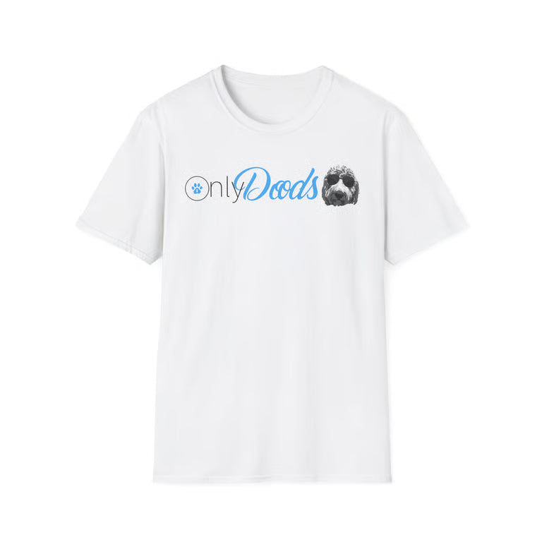 A white short-sleeve crewneck t-shirt featuring a graphic on the chest that reads 'only Dads' in blue and gray, accompanied by a small gray dog illustration and a blue paw print icon.