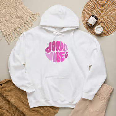 Doodle Vibes Hoodie — Groovy Retro Pink Doodle Dog Pullover | Doodle Mom Hoodie Gift, Goldendoodle Pullover, Cute Dog Mom Hoodie, Y2K Dog Lover Gift