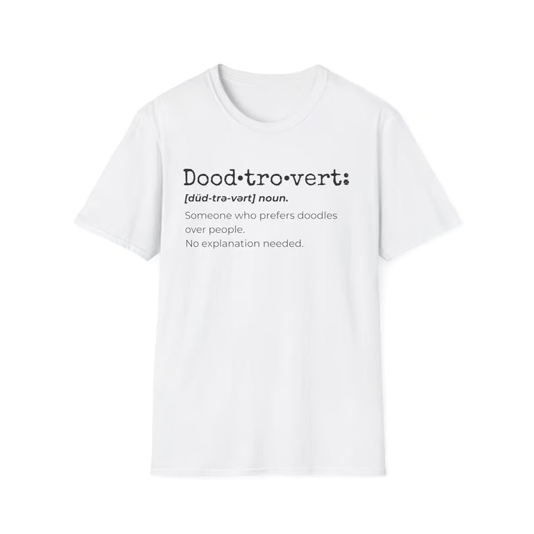 Doodtrovert funny Goldendoodle definition t-shirt black text on white shirt saying prefers doodles over people