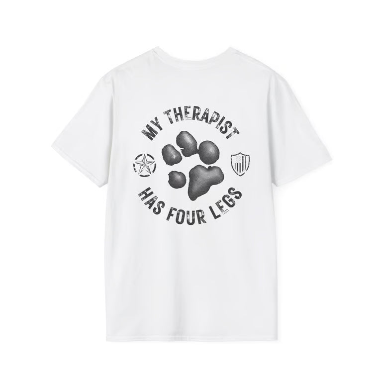 Patriotic Dog Lover Shirt | My Therapist Has Four Legs Tee | Distressed American Flag Paw Print Apparel | blk